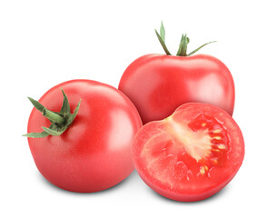 Fresh tomatoes isolated on white. Whole and sliced