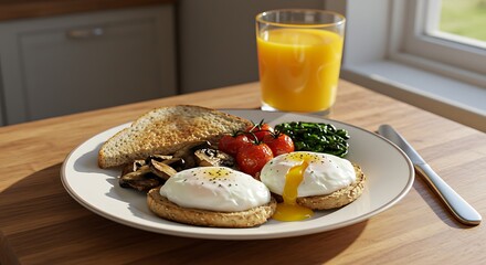 Delicious breakfast plate with poached eggs toast vegetables and orange juice