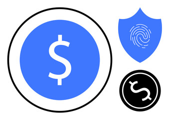 Blue dollar symbol, fingerprint on shield, and circular money icon suggest safe transactions and financial security. Ideal for banking, encryption, savings, investment, digital security, wealth
