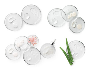 Petri dishes with cosmetic products on white background, top view