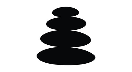 A balanced stack of four smooth dark oval stones forming a vertical silhouette against a white background symbolizing tranquility and harmony