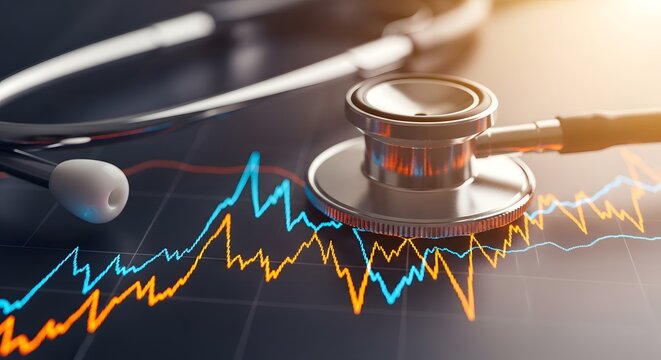 Stethoscope resting on financial charts showing fluctuating market trends and economic data analysis