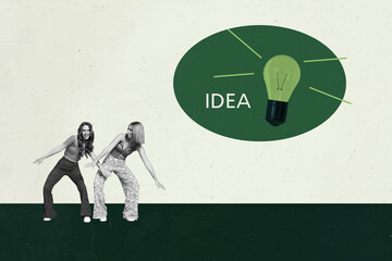 Creative full artwork pop collage of happy business partners girl guy stand light bulb idea finding...