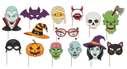 A collection of festive and fun Halloween props, with various masks and figures of the spooky season. perfect for celebrating the holiday and embracing the spirit of the season.