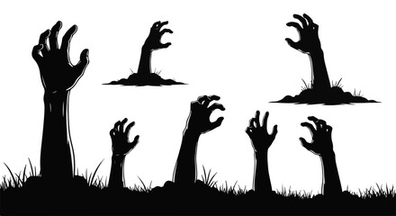 Silhouette of zombie hands rising from the ground, evoking a sense of horror and dread, with the iconic silhouette set against a clear background.