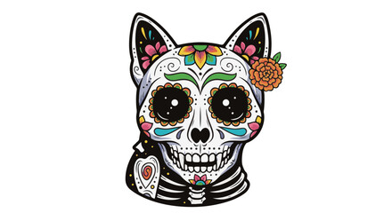 An artistic and colorful illustration depicts a decorated skull in the style of the Day of the Dead celebration. It's a creative expression.