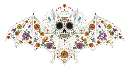 An artistic and macabre illustration, depicting a decorated bat with intricate sugar skull features, blooms with floral elements, a symbolic exploration of Day of the Dead traditions.