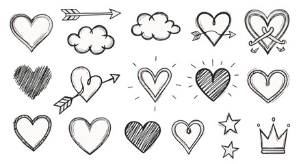 An assorted set of hand-drawn heart, cloud, arrow, star, and crown doodles on a page, ideal for expressing love, creativity, and whimsical charm. 
