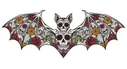 A unique and intricate illustration depicts a bat adorned with vibrant skull and floral motifs, offering a striking representation of artistry and culture.