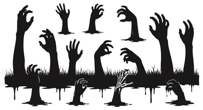 Silhouette of ghostly hands emerging from the ground, capturing a chilling scene with an eerie atmosphere.