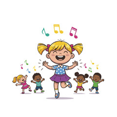 Energetic illustration captures a cheerful child singing joyfully, surrounded by animated musical notes. The artwork conveys happiness and a sense of rhythm. 