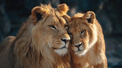 Obraz premium Close up of a lion and lioness showing affection together in natural sunlight symbolizing love and connection