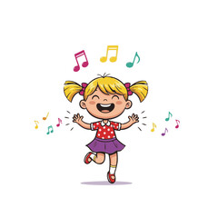 A cheerful young girl is joyfully singing and dancing with musical notes floating around her, exuding a sense of innocence and pure musical bliss.