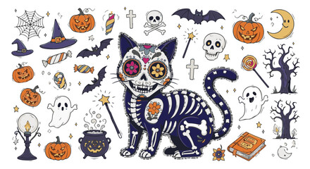 An enchanting Halloween arrangement, filled with diverse festive elements, from a decorated cat to pumpkins, evoking the spirit of the spooky season.