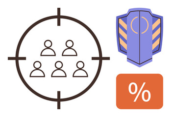Group of people in crosshair symbol, shield for protection, and percentage icon. Ideal for marketing, audience targeting, security, focus, discount offers, e-commerce strategy simple flat metaphor