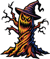 Evil haunted tree monster wearing witch hat glowing in Halloween night
