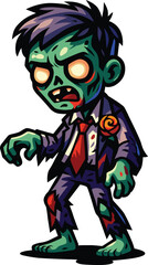 Creepy green zombie man in torn suit walking during spooky Halloween night