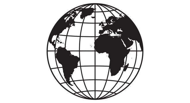 Stylized black silhouette of a globe with continents and latitude longitude lines on a white background silhouette