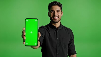 smiling young hispanic man holding and presenting a vertical green screen smartphone mockup for mobile app demonstration or digital promotion on a chroma key background - Powered by Adobe