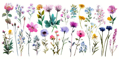 Collection of delicate watercolor wildflowers and botanical elements in a vibrant artistic display © DARK TRUST