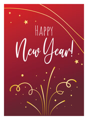 Happy New Year holiday card. Universal greeting design for the winter holidays. Template with red velvet background, gold fireworks and sparkles, vector graphic