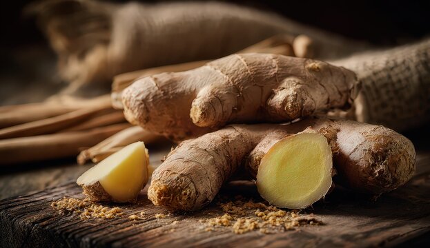 Fresh Ginger Root and Slices on Wooden Surface with Rustic Background and Natural Lighting - Powered by Adobe