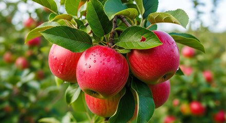 Close-up shot of apples in sunlight against leafy backdrop