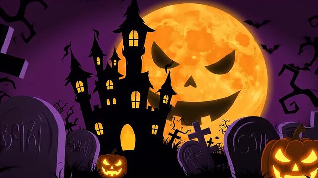 Spooky Halloween Night: Haunted House, Bats, and Jack-o'-Lanterns