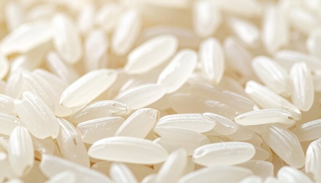 Closeup of uncooked white rice grains filling the frame, showcasing their texture and shape in a bright, clean food photography style.