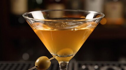 Close up of a cocktail drink in a martini glass with olives garnish - Powered by Adobe