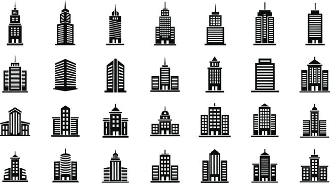 Collection of diverse modern and classic skyscraper building silhouettes isolated on transparent background