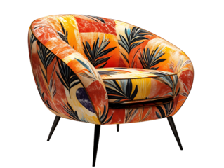PNG file An artistic armchair with a tropical design and sleek black legs on transparent background PNG