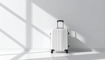 Minimalist White Rolling Suitcase Bathed in Soft Sunlight on a Bright White Floor Against a White Wall with Geometric Shadows