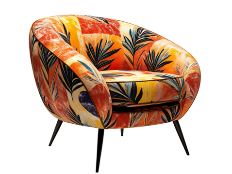 PNG file An artistic armchair with a tropical design and sleek black legs on transparent background PNG