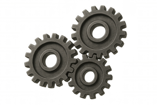 Three interlocking gear wheels forming a mechanical system, concept of teamwork, industry, and technology, transparent background
