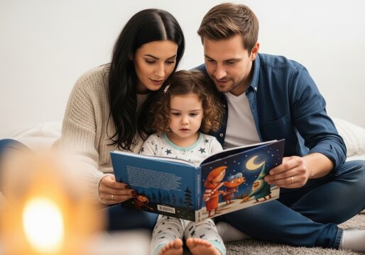 Loving parents read a colorful illustrated storybook to their young daughter