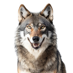 Fototapeta premium PNG file A captivating portrait of a grey wolf with intense gaze and open mouth. The wolf’s fur is a blend of grey and brown, and its eyes glow with intelligence. on transparent background PNG