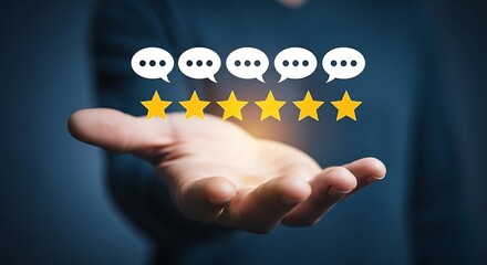 Hand presents five star rating with feedback speech bubble icons