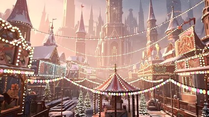 Vibrant Winter Wonderland Market: Sparkling Lights Illuminate a Festive Fantasy Town with Grand Castles and Falling Snow