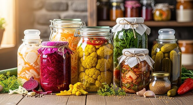 Homemade pickled vegetables and kimchi for a flavorful, healthy lifestyle in rustic kitchen setting - Powered by Adobe