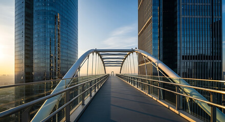 Fototapeta premium Modern bridge connecting two skyscrapers in a bustling city center