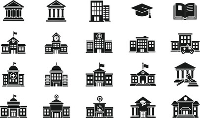 Collection of diverse educational institution building icons representing universities schools colleges and libraries isolated on transparent background