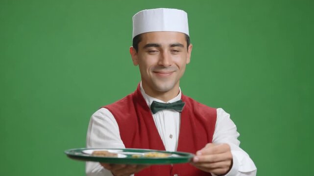The Attentive Server: A smiling server in a classic uniform presents a platter with attentive care, embodying the essence of hospitality. A perfect choice for illustrating customer service.