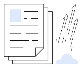Stacked documents paired with upward arrows and a cloud element representing data growth, digital transformation, and information management. Ideal for business, innovation, cloud storage, technology