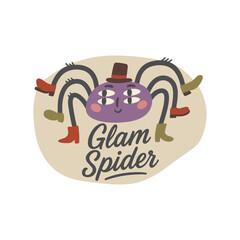 Cute Glam Spider Illustration. Modern Halloween Cartoon Character with Stylish Shoes and Hat. Funny Vector Art