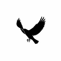 Obraz premium Black silhouette vector icon of a flying bird with outstretched wings, isolated on white background.