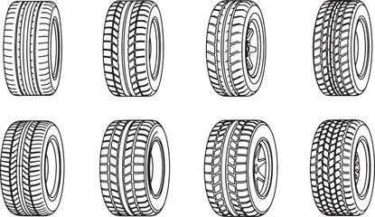 Collection of Eight Black and White Outline Icons of Car Tires wheel automotive also transparent background