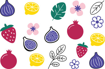 Vibrant fruit and floral elements create a playful, fresh pattern for modern designs