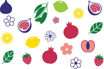 Vibrant fruits and flowers scattered across a clean, bright background