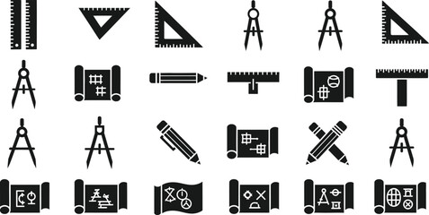 Collection of drafting and architectural tools including rulers protractors compasses pencils and blueprints isolated on transparent background